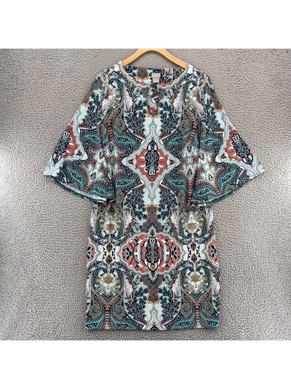 Chicos Dress Womens 1 US 8 Teal Paisley Shift 3/4 Flare Sleeve Mini Travel Knit